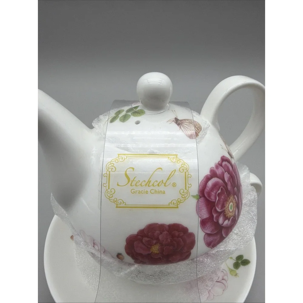 Stechcol Gracie Tea for One Teapot Cup Saucer Pink Floral Butterfly New